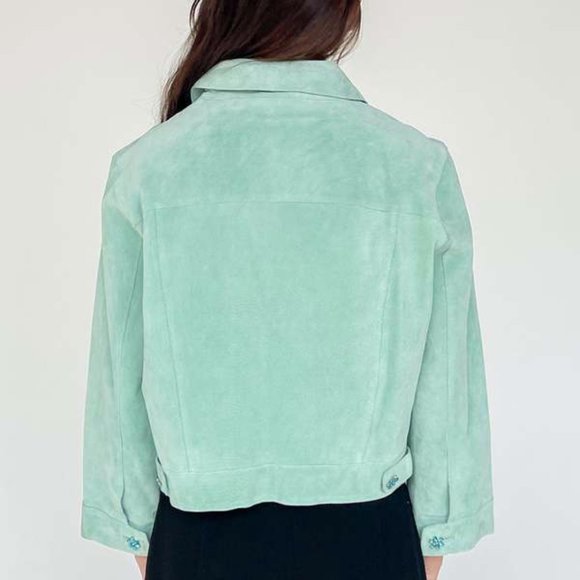 Vintage Wilsons Leather 100% Suede Cropped Jacket Size Large Aqua Barbiecore - Picture 2 of 12